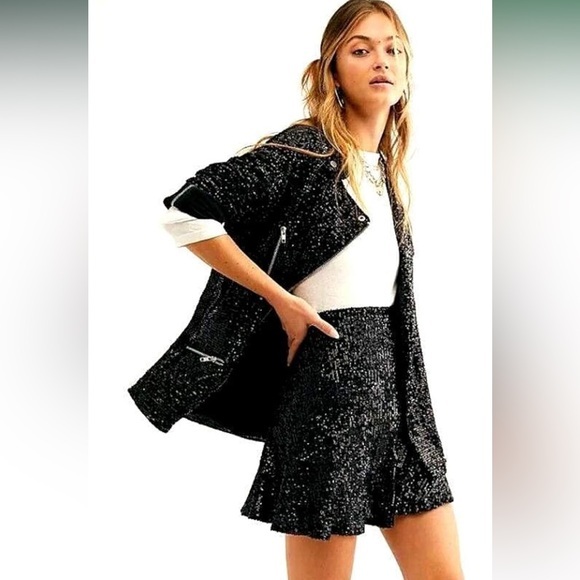 Free People Jackets & Blazers - Free People Midnight Message Sequin Moto skirt Gunmetal Small party dance